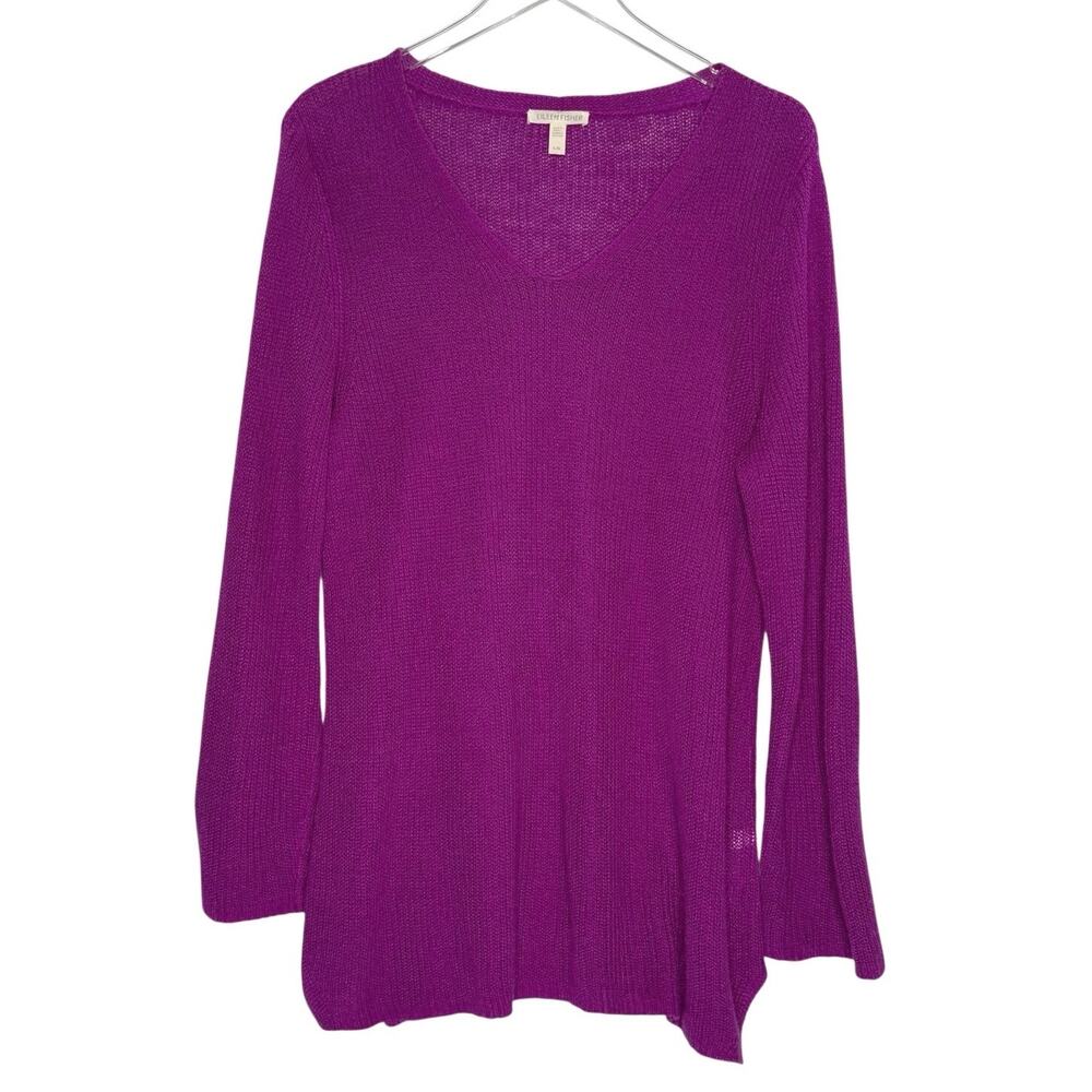 Eileen Fisher L Womens V Neck Boxy Sweater Fuchsia Plim 100% Linen